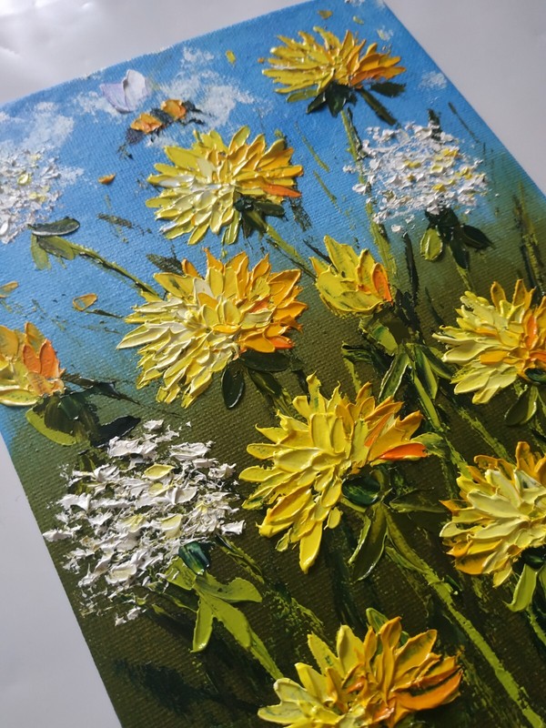 Dandelions Oil Painting Wildflowers Impasto Original art Unframed 8x6 inches gallery