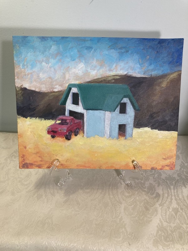 HANDPAINTED GARAGE/RED TRUCK (signed/dated); no damage; 8 x 10″