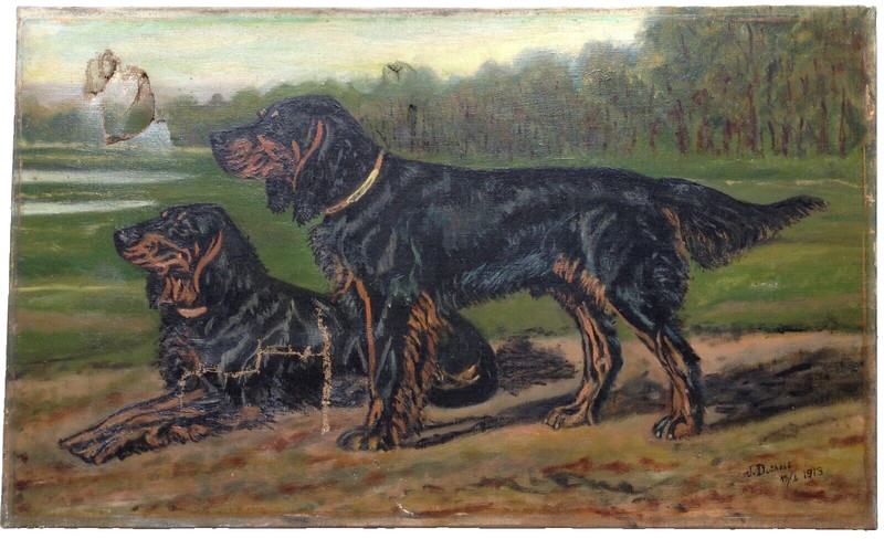 ANTIQUE OIL PAINTING DATED 1918 – PORTRAIT – DOG GORDON SETTER – SIGNED DUTHOY