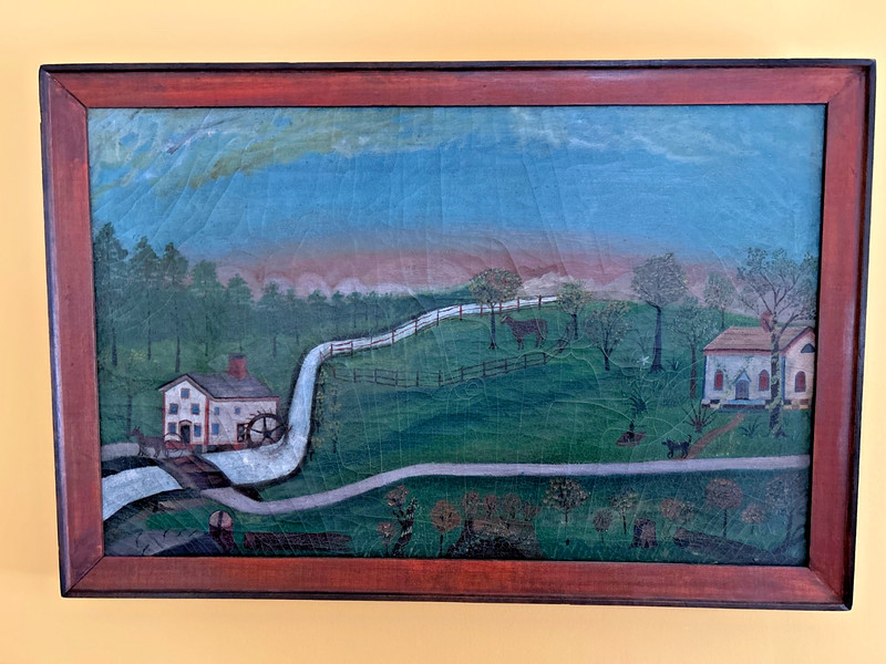 antique oil painting primitive country house mill horse dog farm folk art river