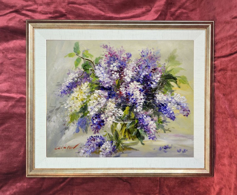 FRAMED IMPRESSIONIST «LILLAC BOUQUET» STUNNING OIL PAINTING PALETTE KNIFE SIGNED