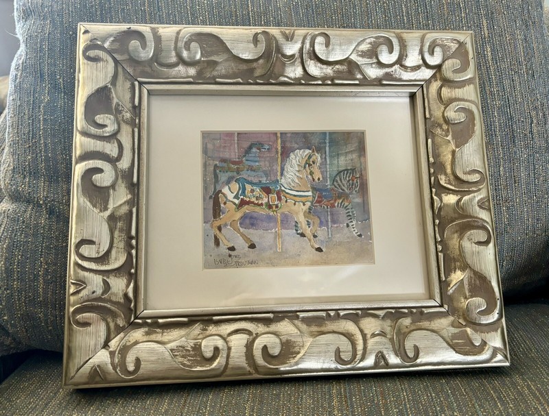 Original Watercolor Carousel Horse Original Painting Signed Chunky Frame Matted gallery