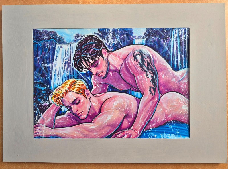 Original LGBTQ Male Painting Romantic Gay Men Lovers Artwork A4 Sensual Handmade gallery