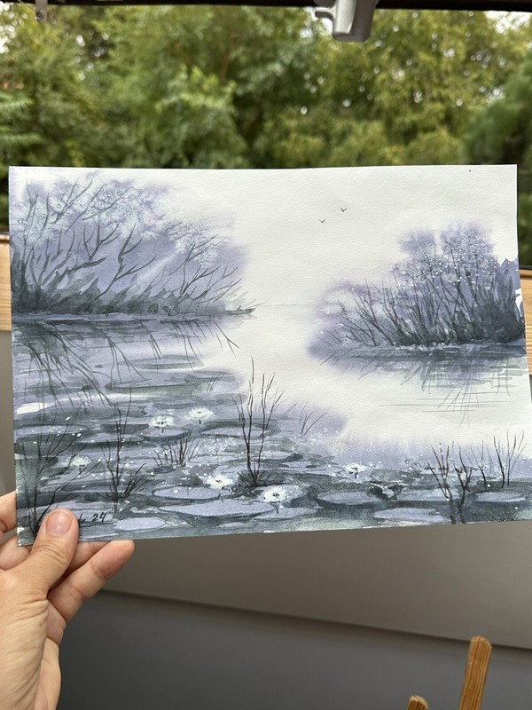 Landscape morning fog tree shore River Watercolor A4 Lake Original painting gallery