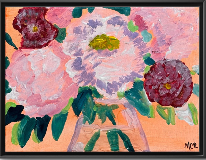 Peony Peonies Abstact Resin Signed Mixed Media Art Painting Canvas 9×12 Wall Art