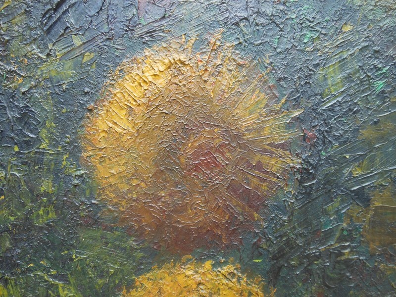 1955 Impressionist Still Life Oil Painting Sunflowers Signed and Dated 18" X 24" gallery