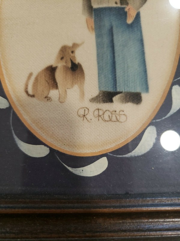 R Ross Matching Framed Folk Art Boy with dog Girl with book Watercolor Signed gallery