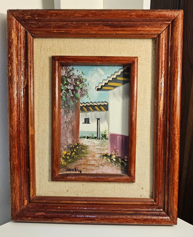 Vtg Original Signed Oil Board Small Painting Front House Door & Window Flowers