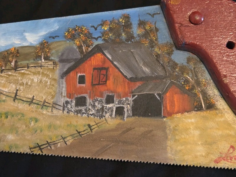Hand Painted Art, Farm Scene on 26" Handsaw. By Laverne, Year unknown gallery