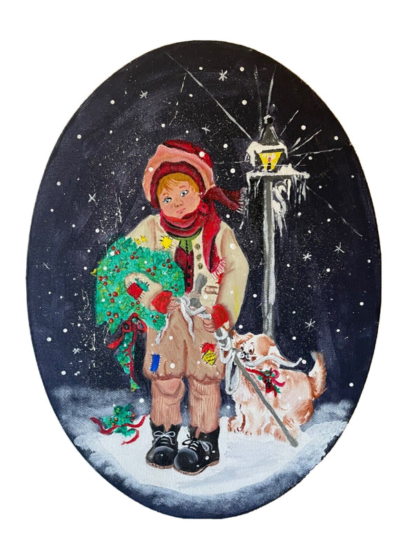 Betsy Beal Signed Christmas Painting Oval Canvas Boy Dog Winter Scene Folk Art