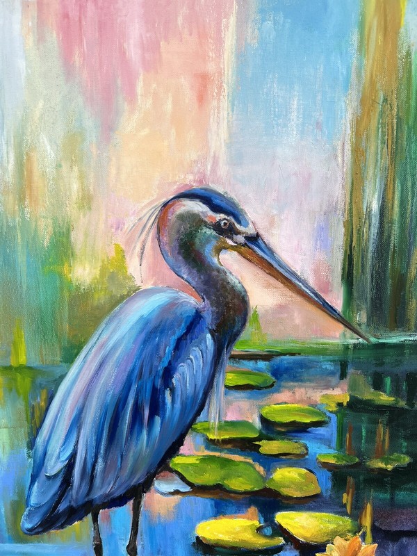 Original painting oil, 20x30 inch, Heron with Lilies, Wall Art Decor, Home Gift gallery