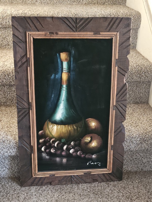 Vintage Black Velvet Art Still Life Painting Wood Framed Wine/Fruit 24″ X 15″