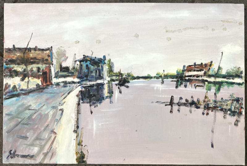 ::SIGNED OIL PAINTING 1988 WATERFRONT HOUSES HARBOUR LANDSCAPE VILLAGE