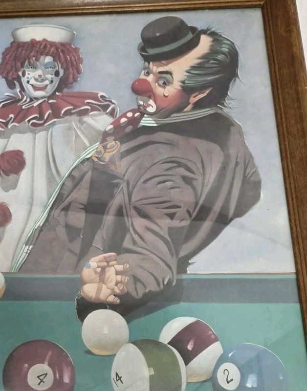 Vtg. Chuck Oberstein Original "Clown Painting" on Canvas Playing Pool Signed Art gallery