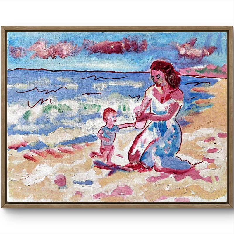 Woman Child Beach Modern Original Signed Canvas Acrylic Wall Art 11×14 BACH