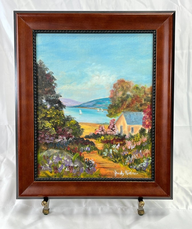 Vintage JUDY KIDNER Oil Painting Lake House Landscape Framed 8×10