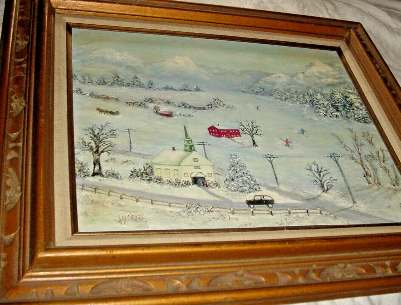 Vermont Winter 1973 Landscape Painting Skiers Church Mountains Leona Mary Dupont