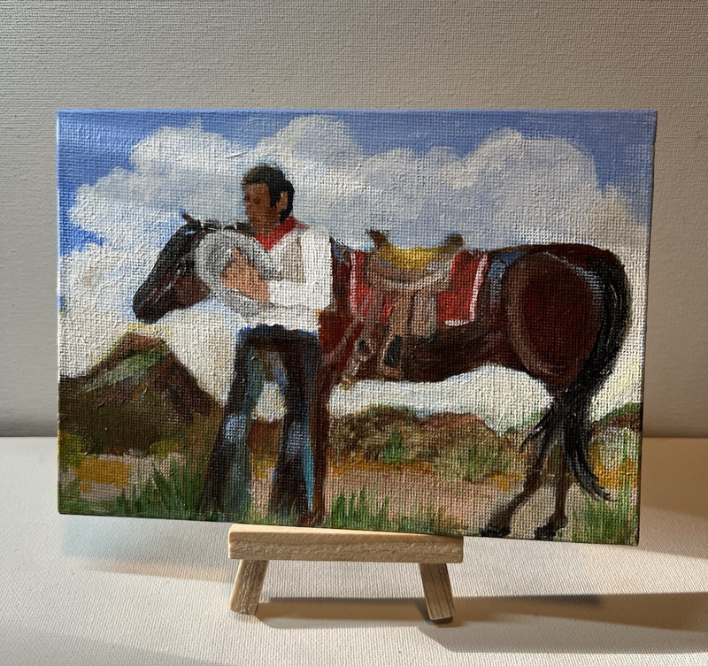 Abstract Cowboy wit Horse Original Acrylic Painting on 5″ x 7″ Canvas Panel OOAK