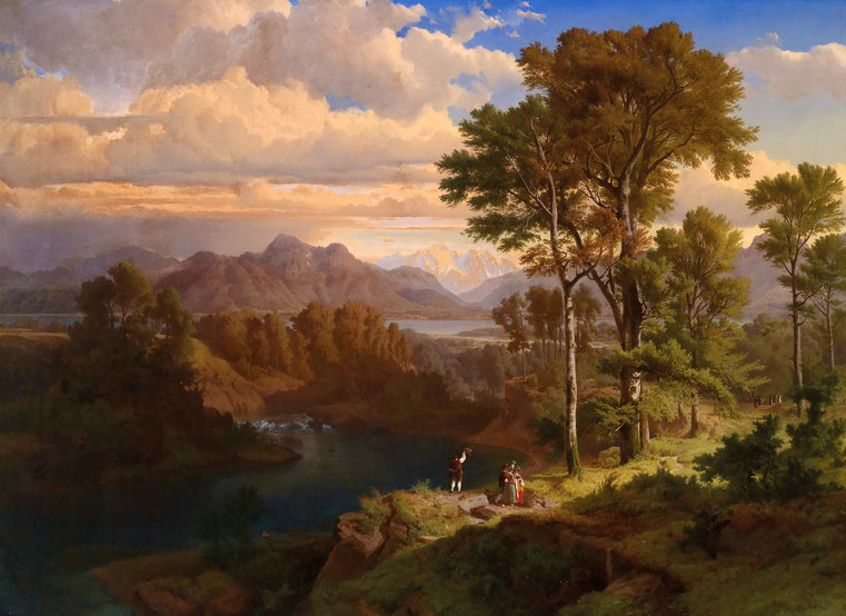 Oil painting wonderful sunset landscape & people by the river canvas