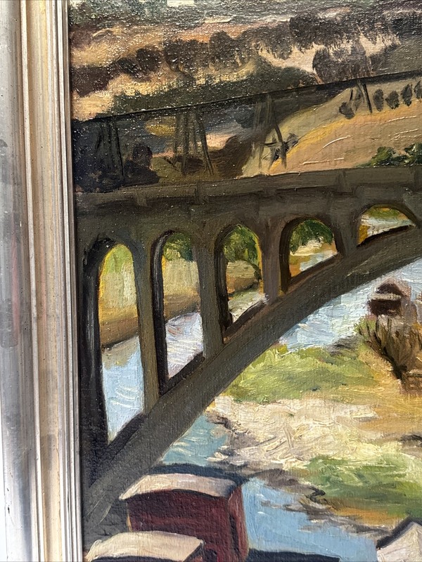 ANTIQUE PAINTING WPA AMERICAN REGIONALISM INDUSTRIAL LANDSCAPE BRIDGE VIEW gallery