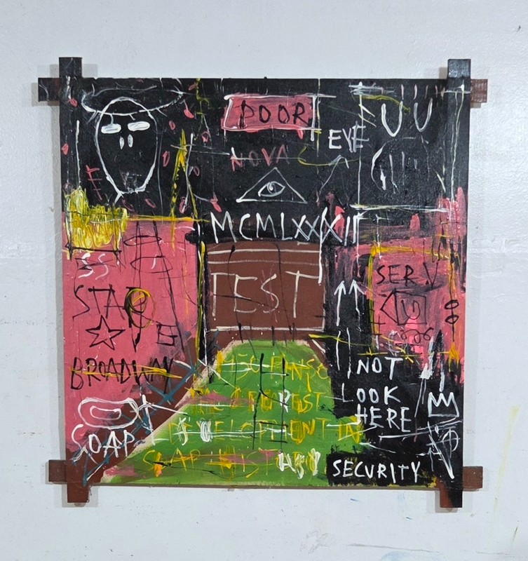 JEAN-MICHEL BASQUIAT ACRYLIC ON CANVAS 1982 WITH TIED WOOD SUPPORTS 32 X 32 IN.