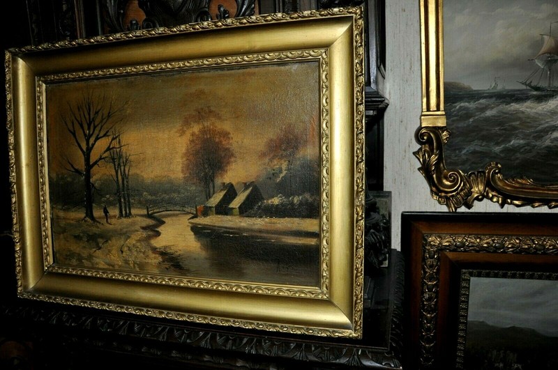 Antique Americana Landscape with Homestead Bridge and Person