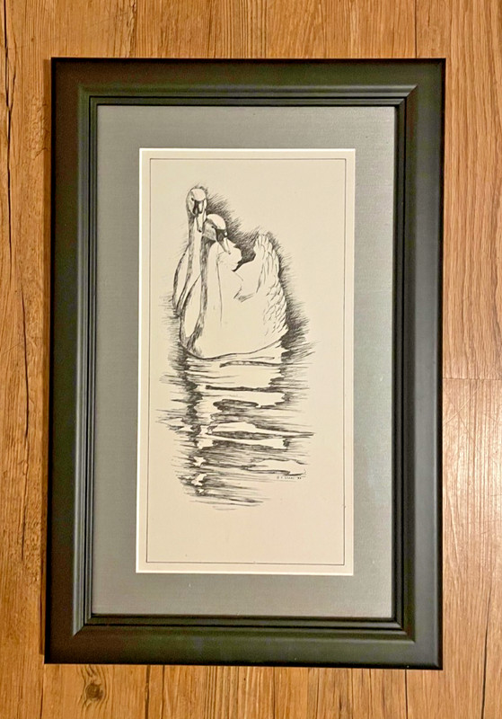 Original Framed Art – Two Swans Gliding Line Drawing (12″ x 18″ with frame)