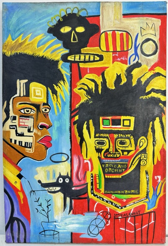 Jean-Michel Basquiat (Handmade) Oil On Canvas Signed & Stamped Painting,Vtg Art