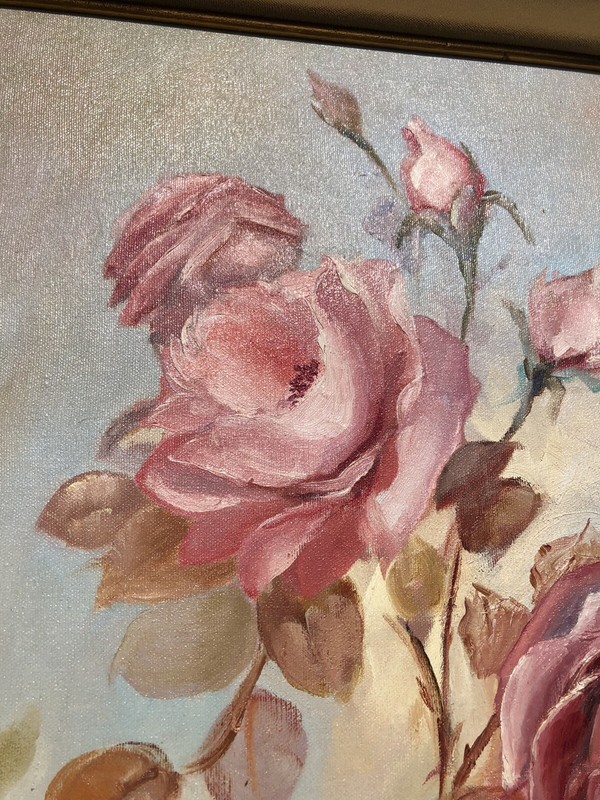 VTG ARETA 1978 SIGNED ORIGINAL OIL PAINTING PINK ROSES VICTORIAN FRAME 23”X28” gallery