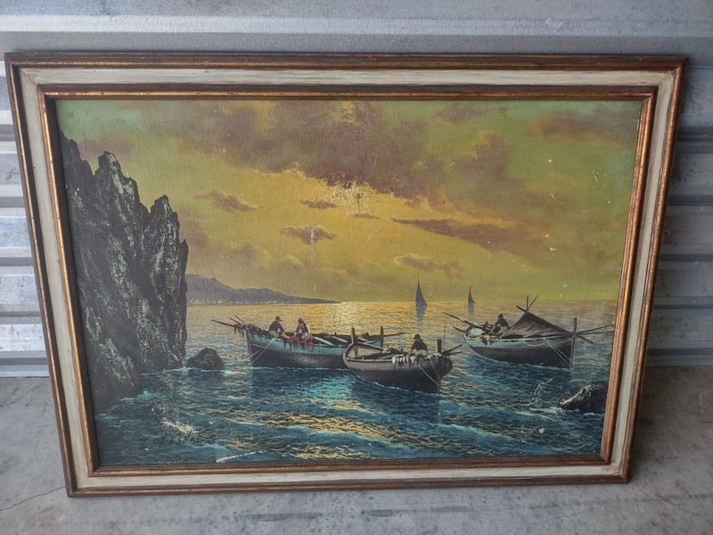 Antique Oil on Canvas Nautical Seascape Fishing Boats OLD Impressionist
