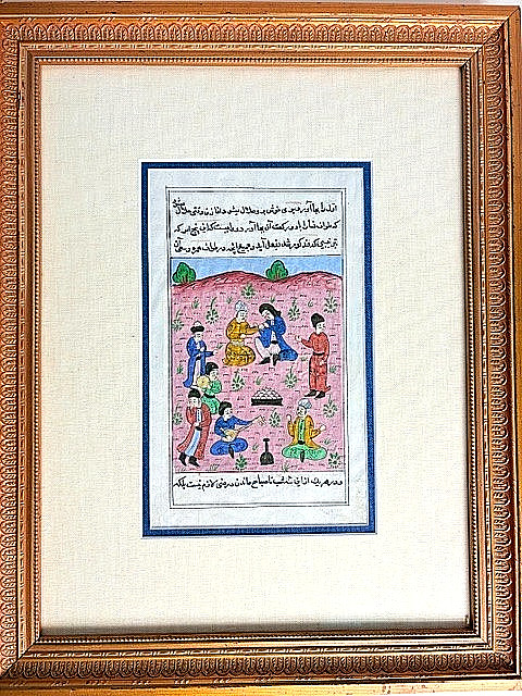 Indo Persian Gouache on Paper with Writing on Both Sides. Framed under Plexiglas