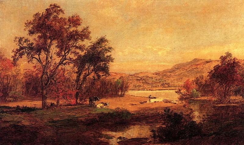 Oil painting sunset landscape with cows art By-the-Lake-Francis-Jasper-Cropsey