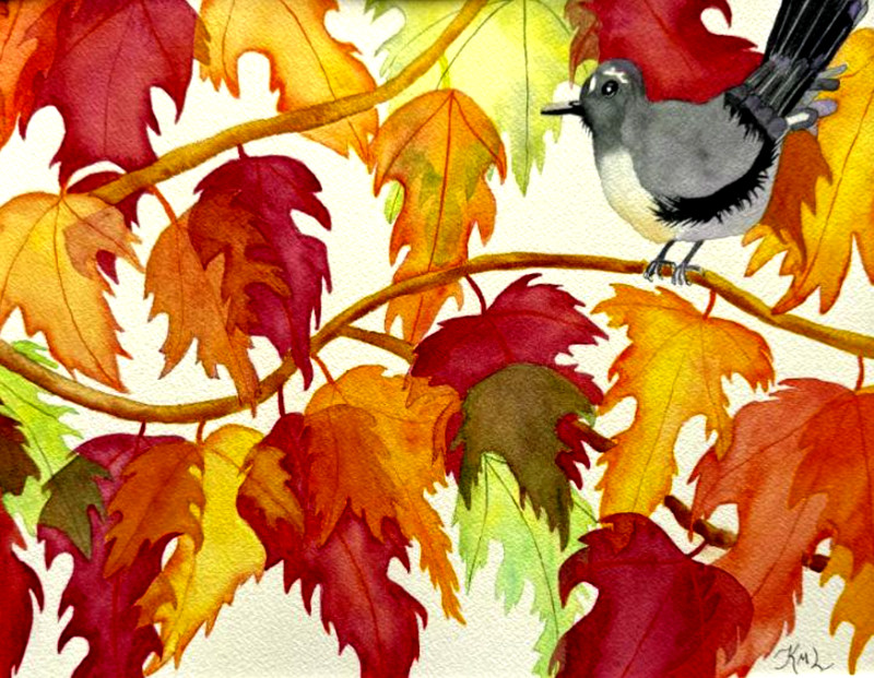 PAINTING WATERCOLOR 11X14 DOUBLE MAT 16X20 AUTUMN LEAVES BIRD ORANGE RED YELLOW
