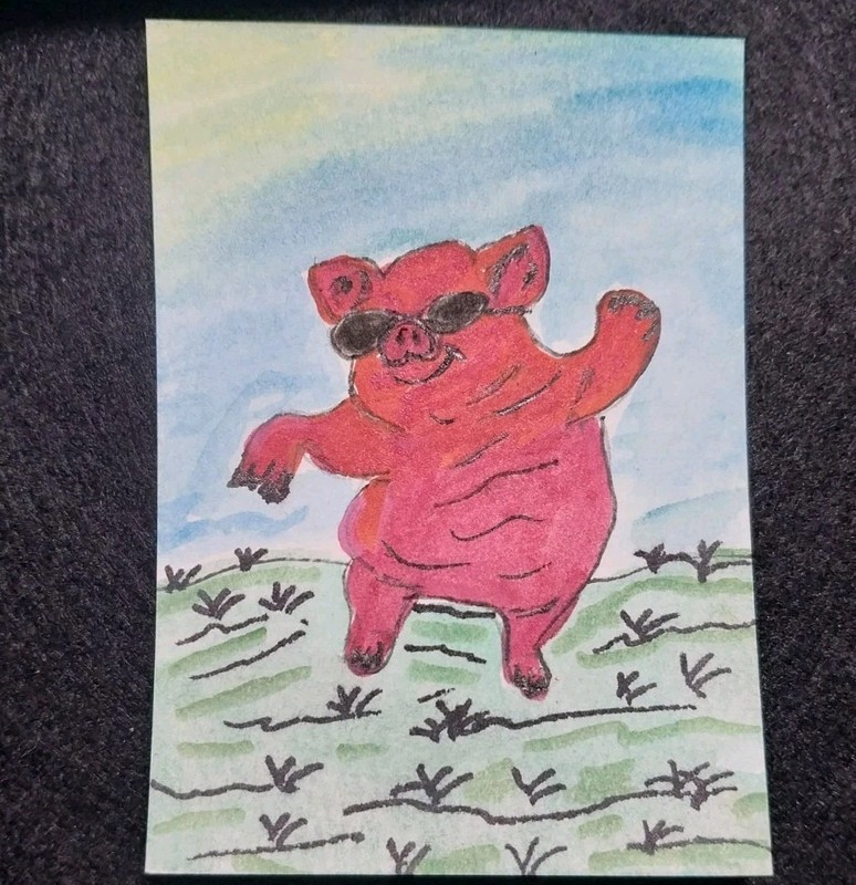 ACEO Original Art Card Pig Cartoon Piglet 3.5X2.5 Cute Farm animal Painting GAT