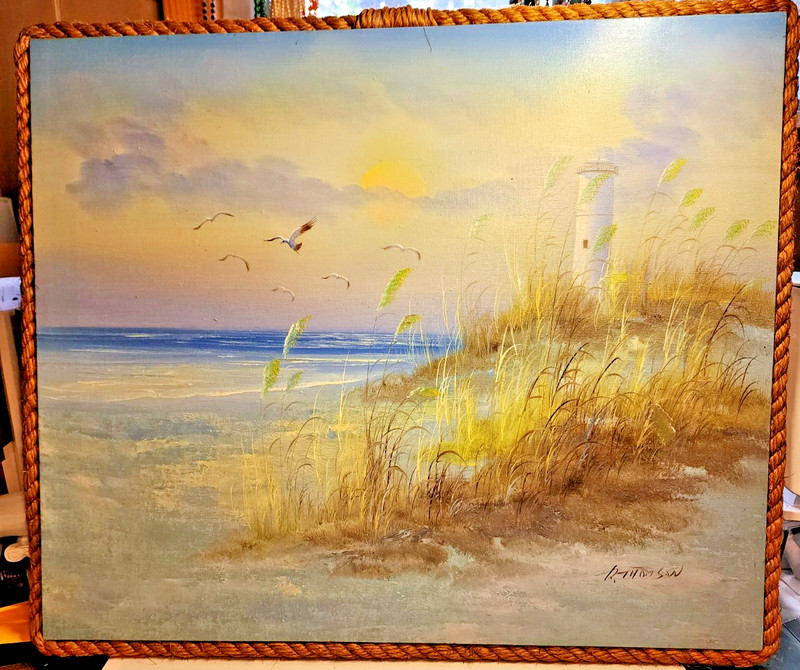 Vintage Canvas Oil Painting Lighthouse by the Sea 20x24” Nautical Ocean Signed