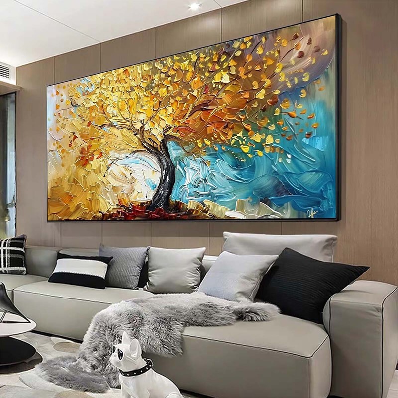 Blue Modern Abstract Painting Golden Tree 3D Oil Painting Hand Painted On Canvas