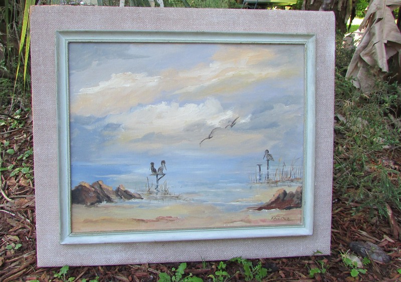 MID CENTURY ART OIL ON CANVAS TIKI BEACH SCENE BURLAP FRAME EDNA CLARKE