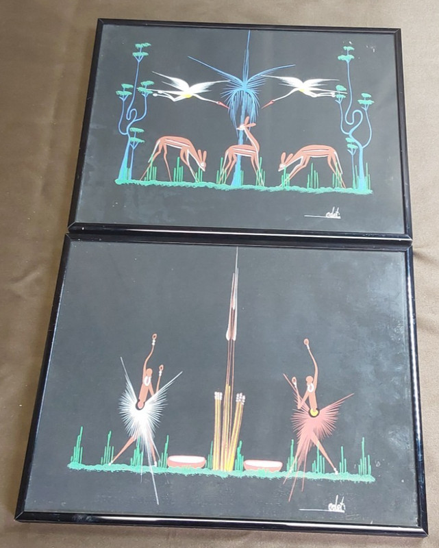 Lot of 2 African Tribal folk art 1950’s Belgian Congo gouache paintings on paper