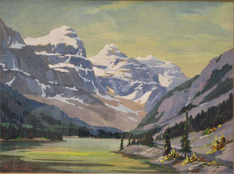 Rare Vintage R. L. Harvey Casein Painting «Lower Waterfowl Lake»