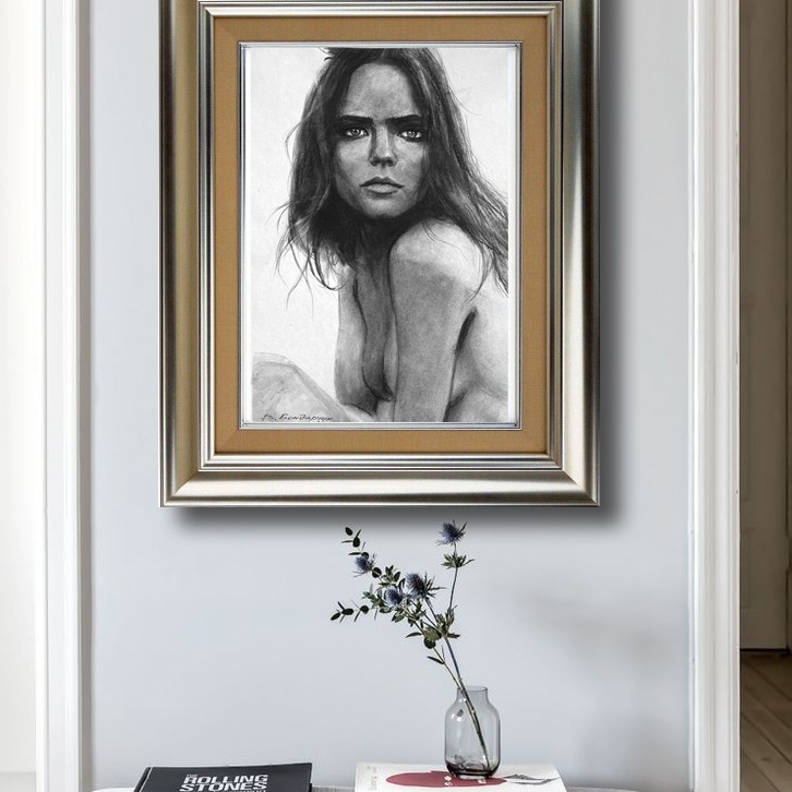 Original charcoal drawing. girl portrait. minimalist black and white art gallery