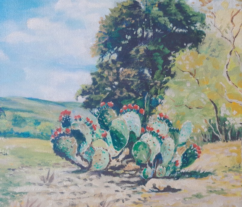 1964 WEST TEXAS OIL/PANEL LANDSCAPE "PRICKLY PEAR CACTUS" SIGNED ED STROHMANN gallery