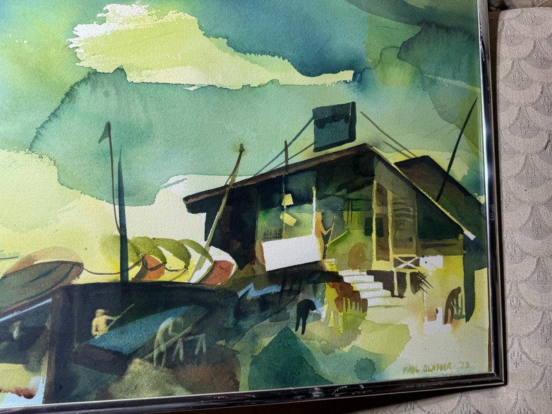 Paul Glasser 1973 "Coastal Landscape Scene" Watercolor Painting - Signed/Framed gallery