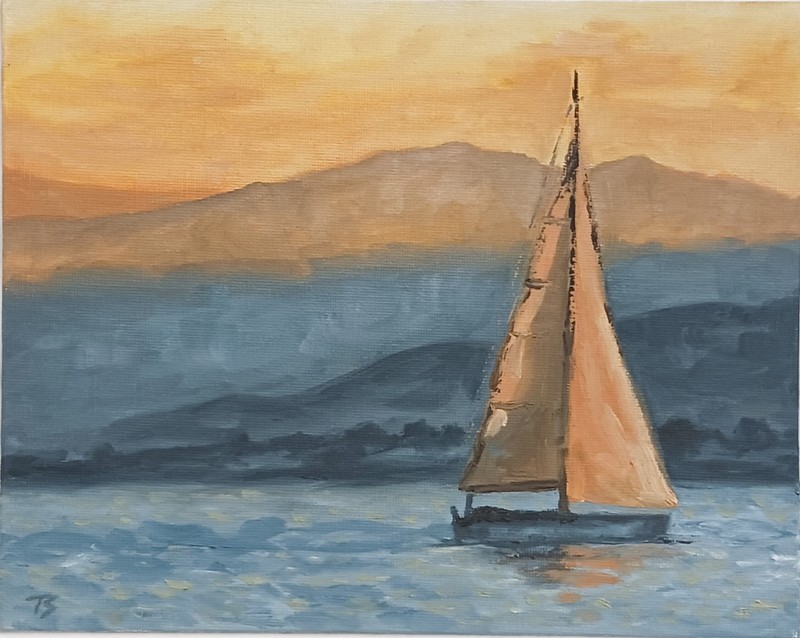 ORIGINAL Oil Painting IMPRESSIONISM Sailboat Sunset Lake River Boat Art 8"x10" gallery