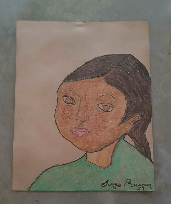 DIEGO RIVERA -NIÑA-13.5" x 11” COLOR CRAYON ON CARDBOARD PAINTING gallery