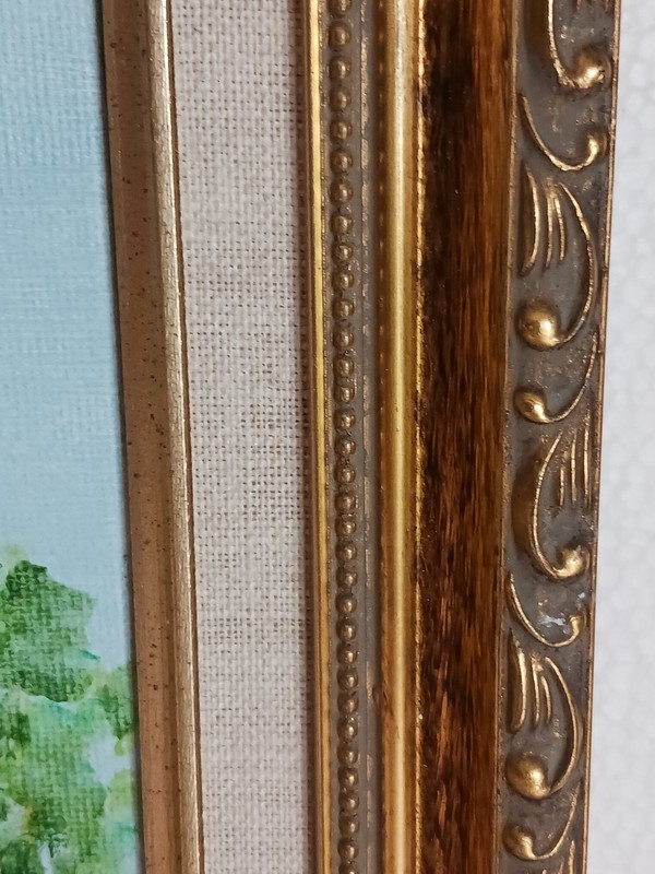 Vintage Oil Painting Waterlily pond statue and garden gate canvas signed framed gallery