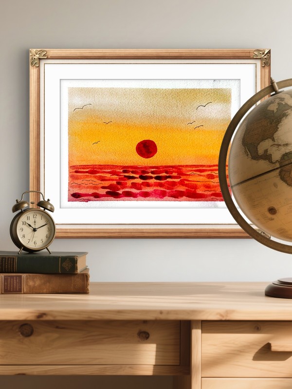 Sunset Over Water Colorful Abstract Expressionist Original Watercolor 5×7 Signed