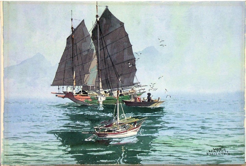 Large Original James March Phillips Watercolor: Pearl River Fishermen at Dawn gallery