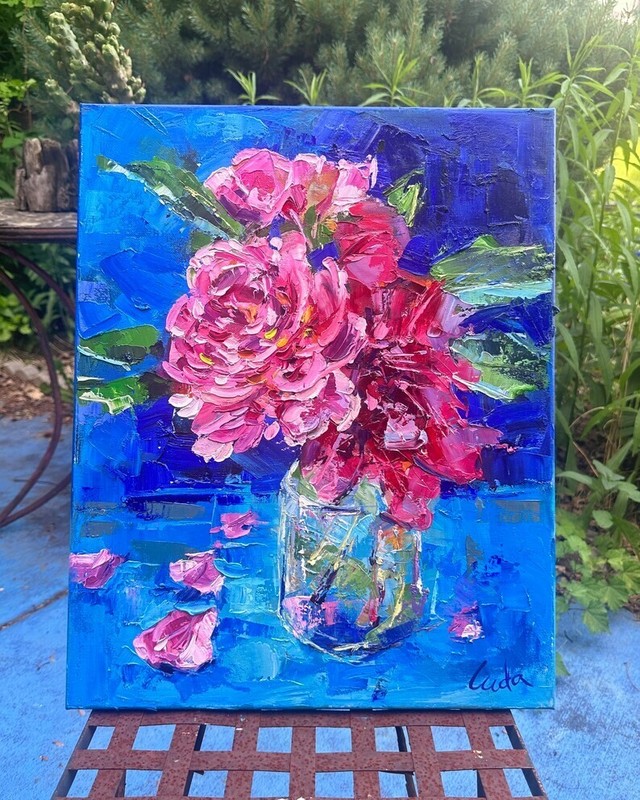 Floral Pink and Red Roses Flowers in a Glass Vase Oil Painting Canvas 20x16 Inch gallery