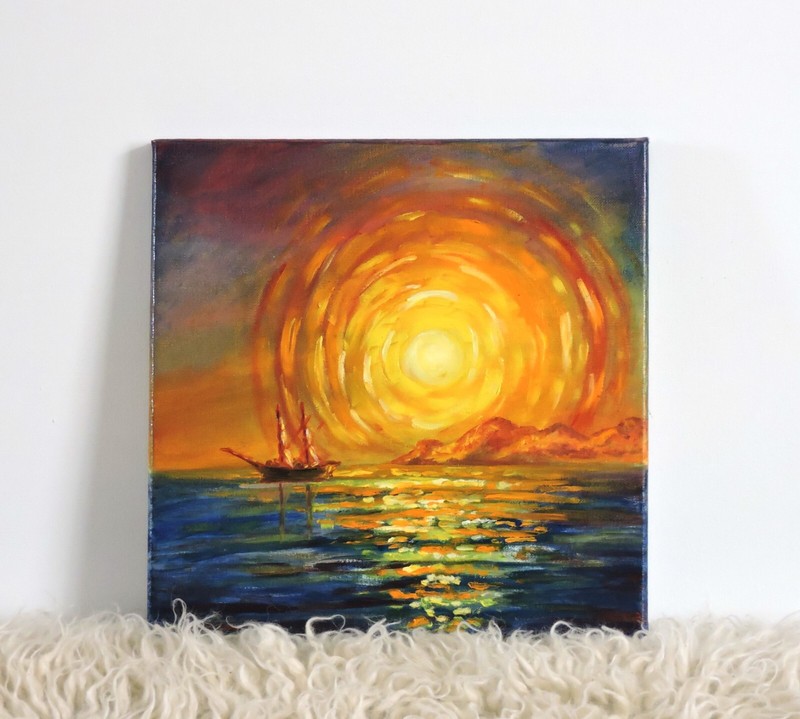 Original small oil painting Sunset at the Sea, ancient sailing ship, sea, sun, gallery