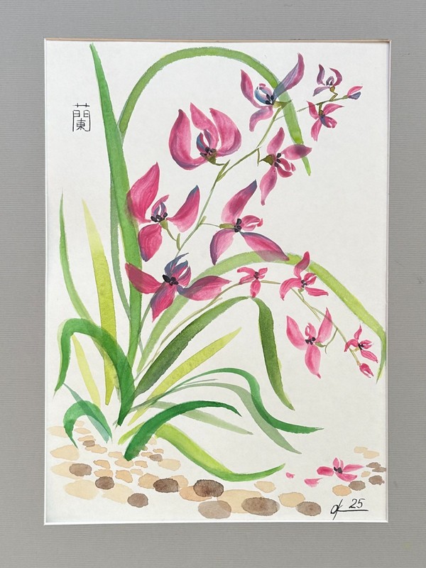 Wild Orchid oriental japanese chinese brush sumi-e Original painting kitchen gallery